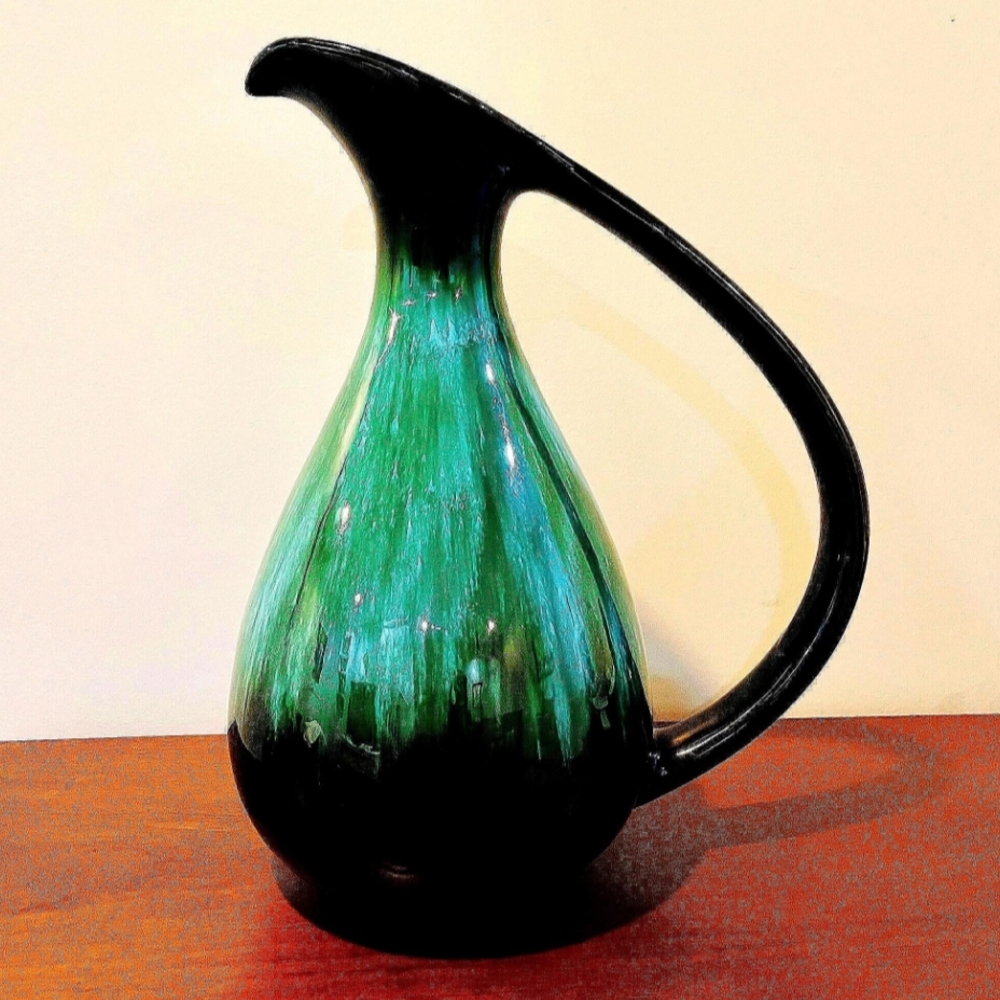 Green and Black Ceramic Pitcher with Organic Glaze
